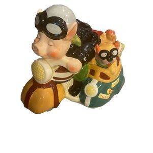 Road Hog Ceramic Cookie Jar Pig on A Motorcycle with Dog in Sidecar